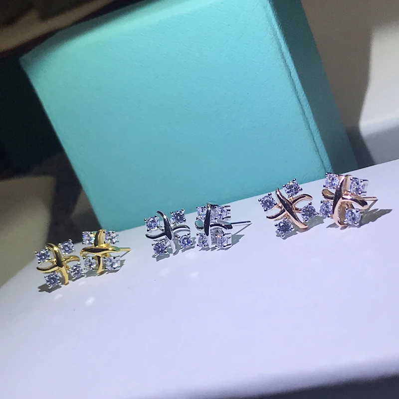 High Quality Luxury Famous Brand Fine Jewelry 925 Sterling Silver Four Diamonds X-shaped Ear Stud Lynn Earring For Fashion Women