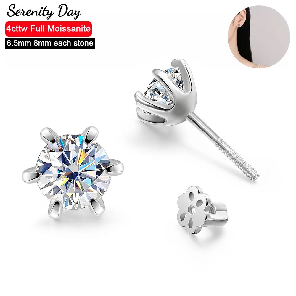 Serenity 4cttw D Color All Moissanite Screw Back Earrings For Women S925 Silver Diamond Wedding Earring Plated 18K Fine Jewelry