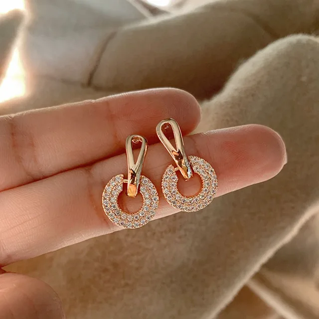 Gold Color Rhinestone Square Round Earrings for Women Luxury Exquisite Stud Earrings Girl Wedding Engagement Party Jewelry
