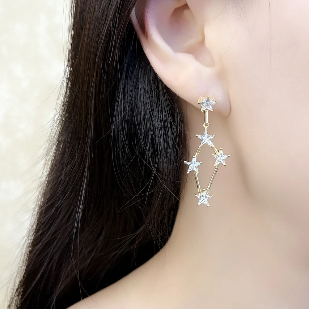 Golden Dreamlike Stars Drop Earrings Fine Statement Jewerly For Women Summer Brand New Gift In 925 Sterling Silver