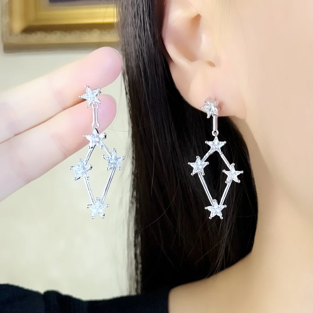 Golden Dreamlike Stars Drop Earrings Fine Statement Jewerly For Women Summer Brand New Gift In 925 Sterling Silver