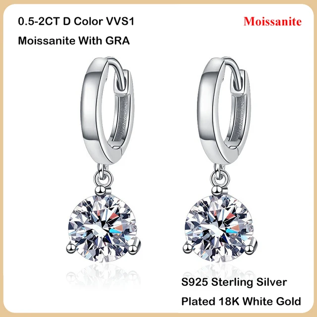 EWYA Trendy 3 Prong 0.5-2CT D Color Moissanite Diamond Drop Earrings for Women Wedding Fine Jewelry S925 Sterling Silver Earring