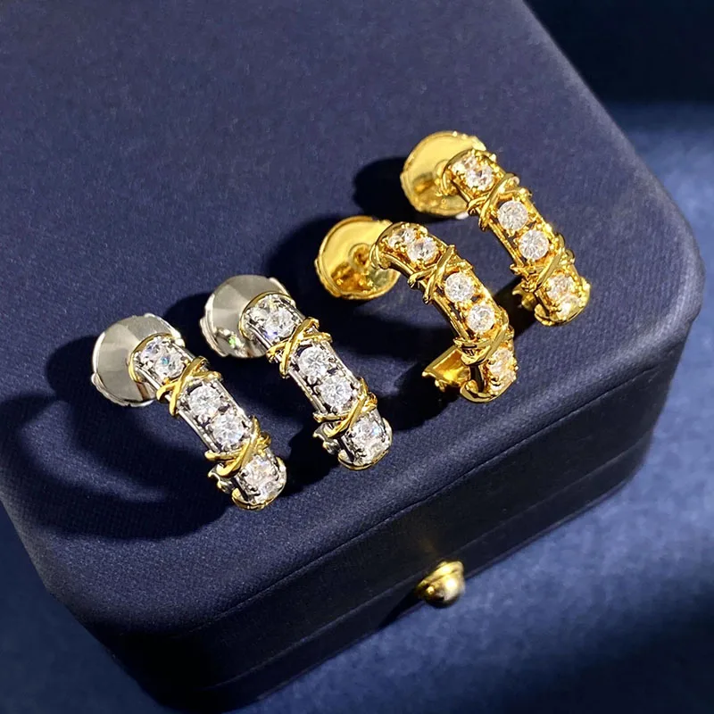 925 Sterling Silver Plated Gold X Cross Sixteen Stone Diamond Earrings for Women Classic Luxury Fashion Brand Party Fine Jewelry
