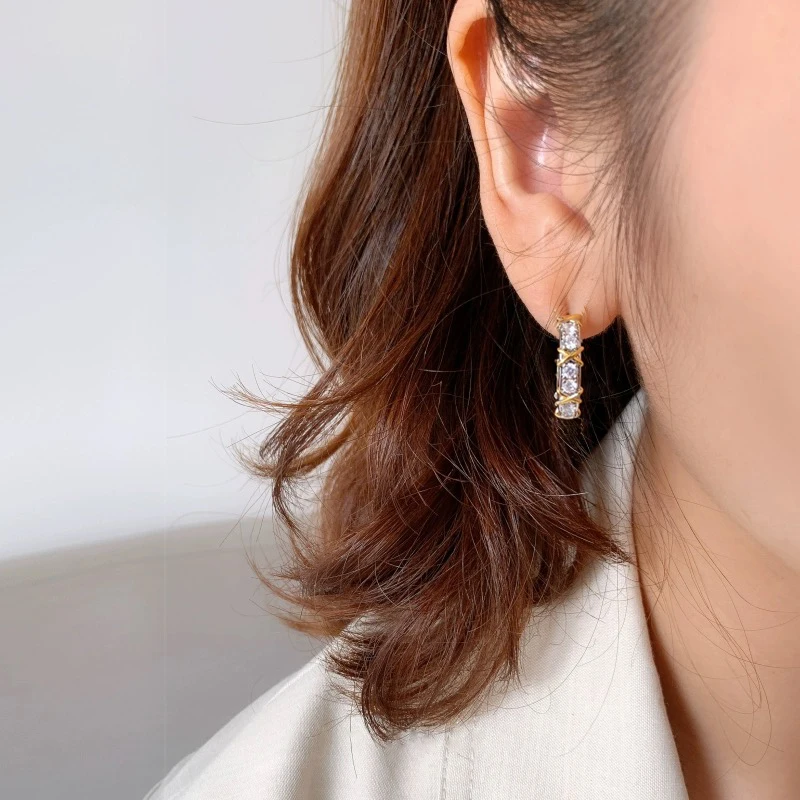 925 Sterling Silver Plated Gold X Cross Sixteen Stone Diamond Earrings for Women Classic Luxury Fashion Brand Party Fine Jewelry