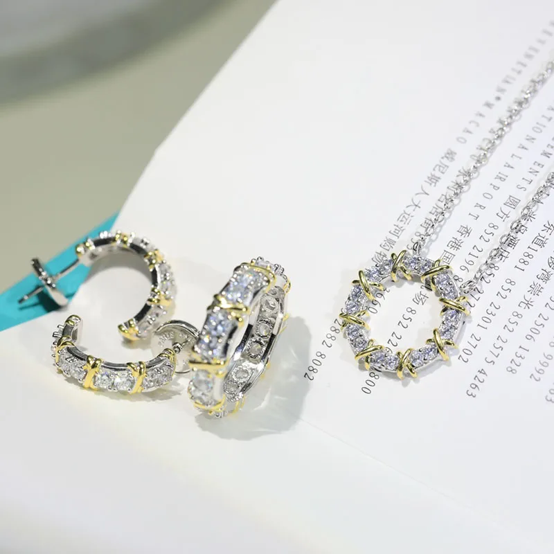 925 Sterling Silver Plated Gold X Cross Sixteen Stone Diamond Earrings for Women Classic Luxury Fashion Brand Party Fine Jewelry