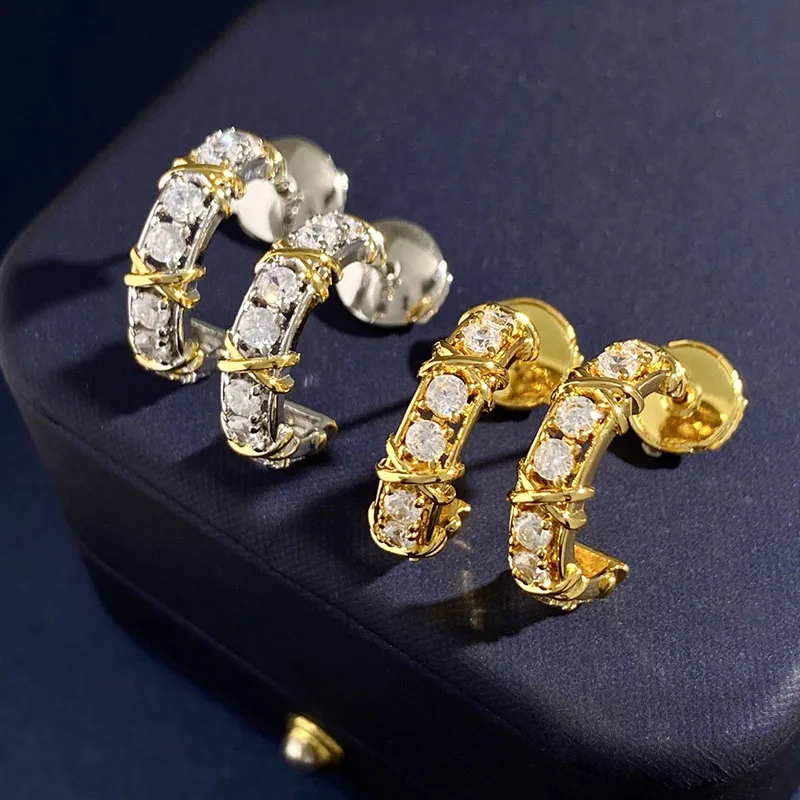 925 Sterling Silver Plated Gold X Cross Sixteen Stone Diamond Earrings for Women Classic Luxury Fashion Brand Party Fine Jewelry