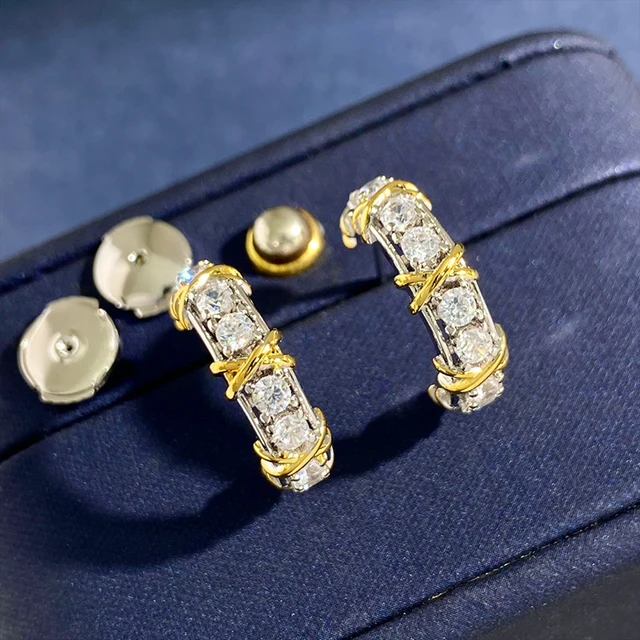 925 Sterling Silver Plated Gold X Cross Sixteen Stone Diamond Earrings for Women Classic Luxury Fashion Brand Party Fine Jewelry