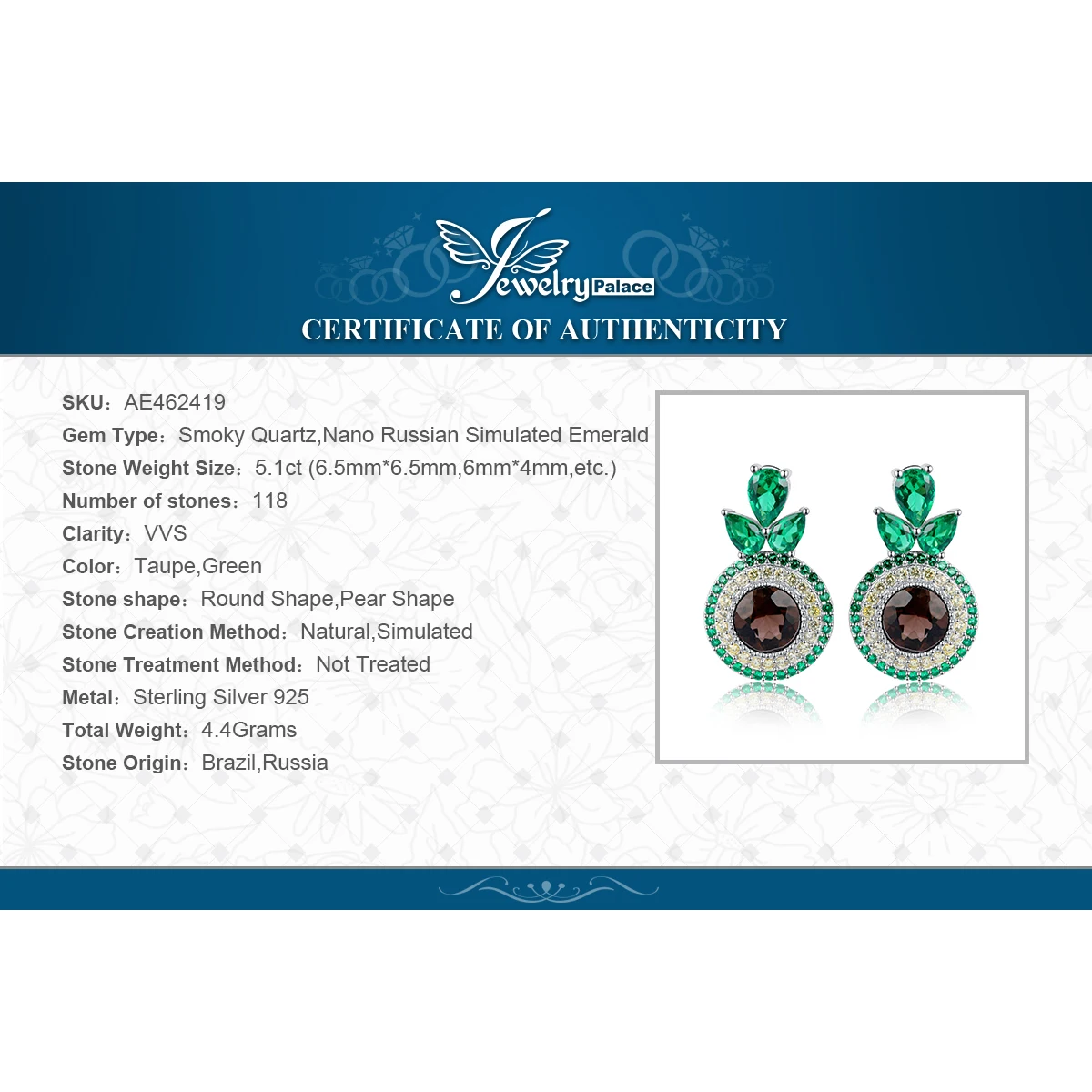 JewelryPalace New Arrival Avocado 5.1ct Natural Smoky Quartz 925 Sterling Silver Stud Earrings for Woman Girl Cute Fashion Gift