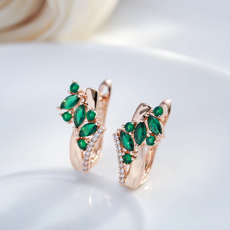 Kinel Luxury Green Natural Zircon Drop Earrings For Women 585 Rose Gold Color White Stone Daily Easy Matching Fine Jewelry Gift