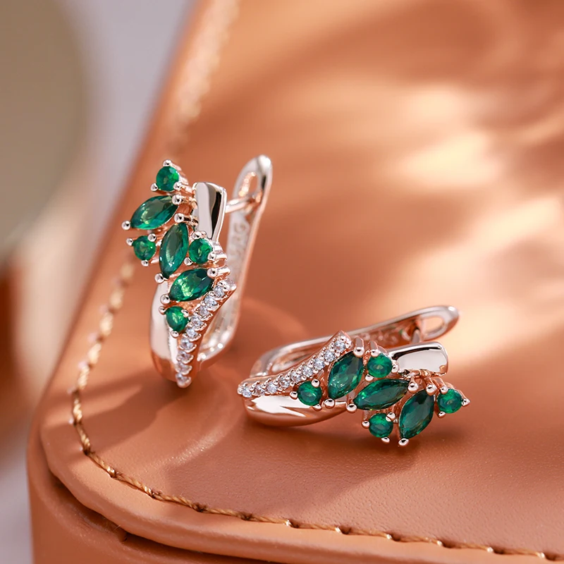 Kinel Luxury Green Natural Zircon Drop Earrings For Women 585 Rose Gold Color White Stone Daily Easy Matching Fine Jewelry Gift
