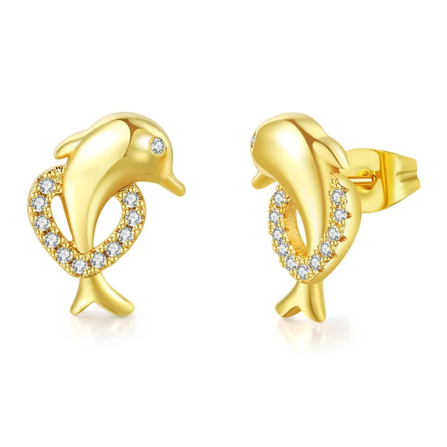 Cute Dolphin Stud Earrings for Women Kawaii Gold Color Heart Cubic Zirconia Cartilage Ear Accessories Fashion Jewelry Gifts E424