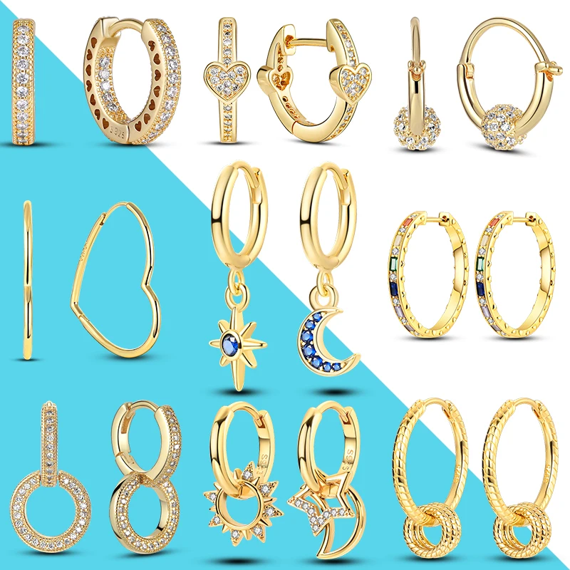Silver 925 Gold Color Hoop Earrings For Women Moon Star Sun Pave Love Encircled Earring