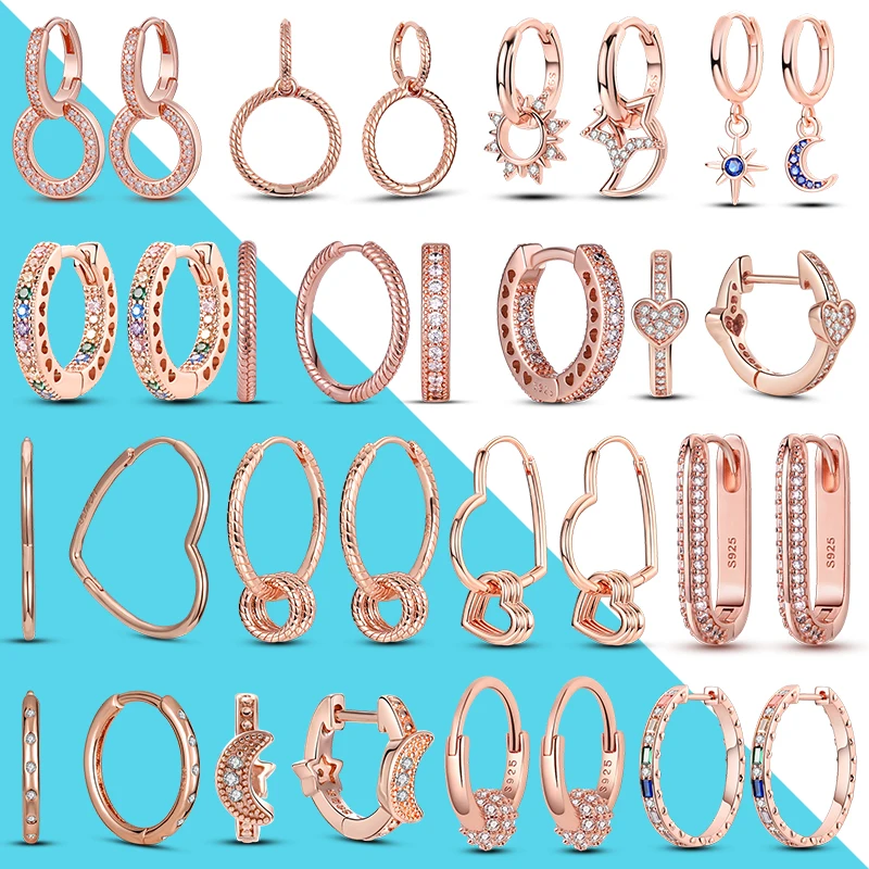 Silver 925 Gold Color Hoop Earrings For Women Moon Star Sun Pave Love Encircled Earring