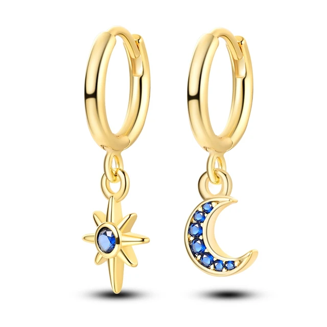 Silver 925 Gold Color Hoop Earrings For Women Moon Star Sun Pave Love Encircled Earring