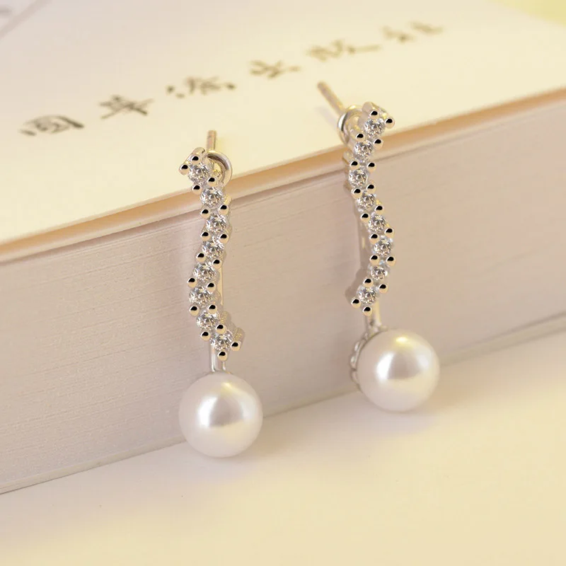 Women Earring Silver Elegance Crystal Pave Wave Pearl AAA Zircon Stud Earring Gift Lady Girl Gift Fashion Jewelry