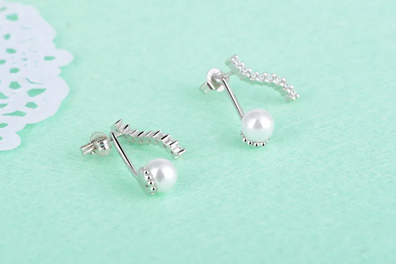 Women Earring Silver Elegance Crystal Pave Wave Pearl AAA Zircon Stud Earring Gift Lady Girl Gift Fashion Jewelry