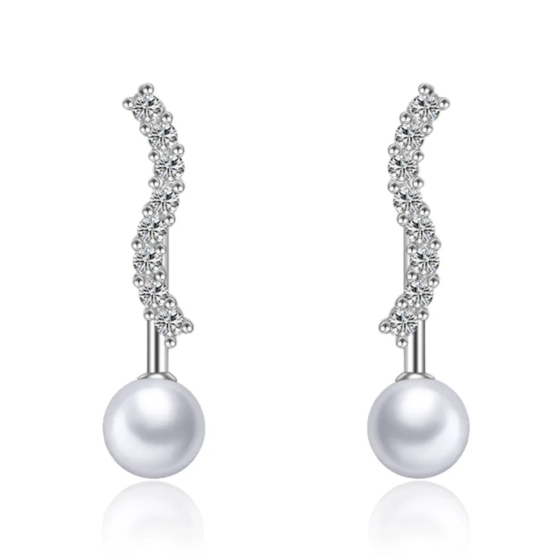 Women Earring Silver Elegance Crystal Pave Wave Pearl AAA Zircon Stud Earring Gift Lady Girl Gift Fashion Jewelry