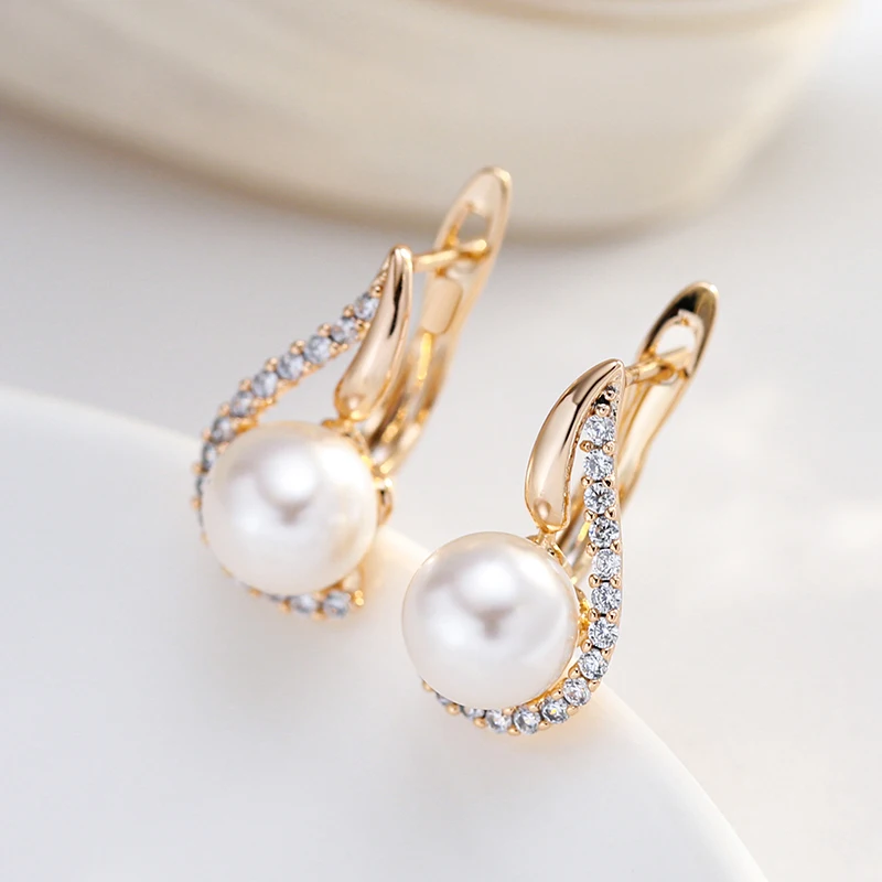 Kinel Luxury 585 Rose Gold Color English Earrings for Women Unique Geometric Pearl Earrings Bridal Wedding Jewelry 2023 New