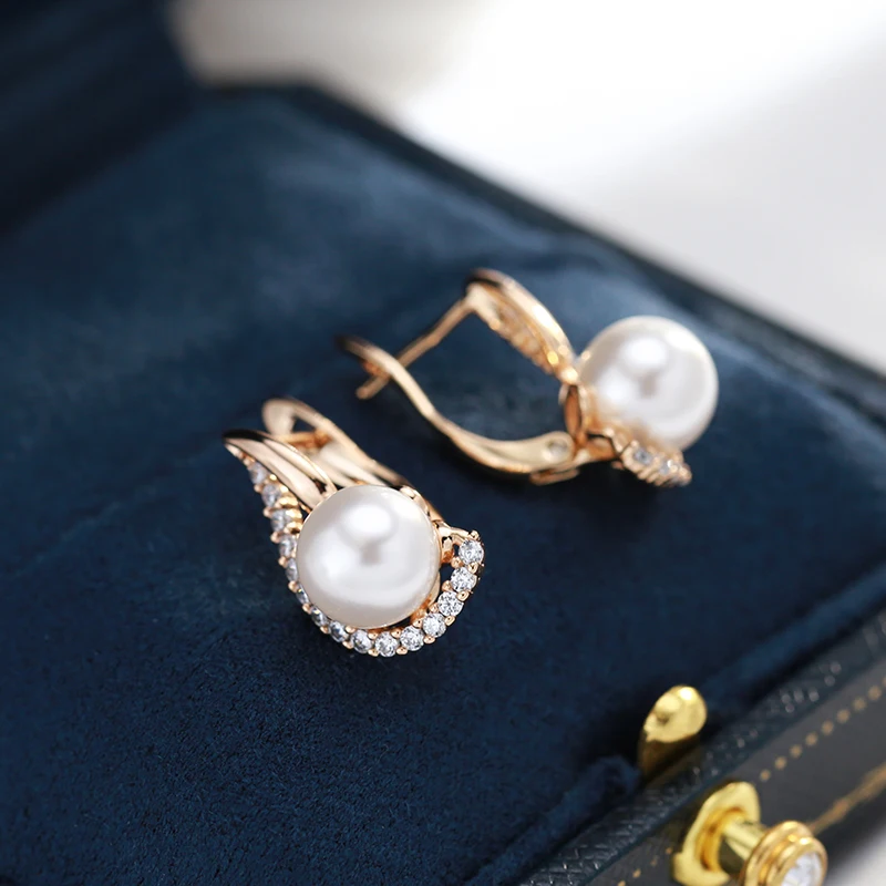 Kinel Luxury 585 Rose Gold Color English Earrings for Women Unique Geometric Pearl Earrings Bridal Wedding Jewelry 2023 New