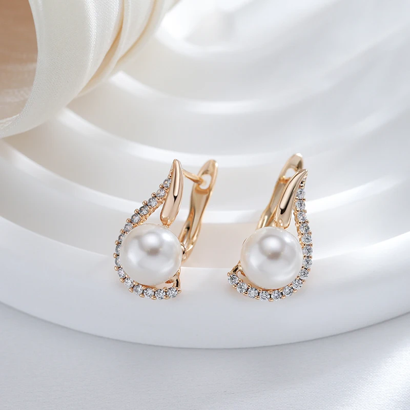 Kinel Luxury 585 Rose Gold Color English Earrings for Women Unique Geometric Pearl Earrings Bridal Wedding Jewelry 2023 New
