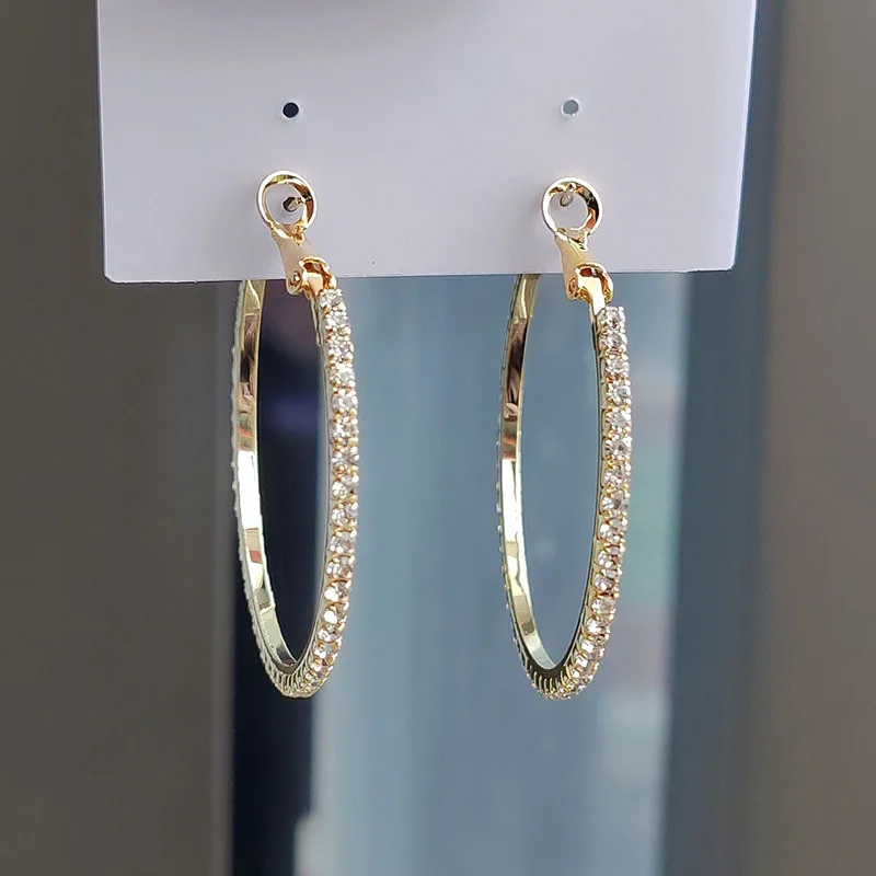 Metal 18k Gold Color Crystal Hoop Earrings For Women Girls Circle Full Rhinestone Exaggerated Round Earings Party Jewelry Gift