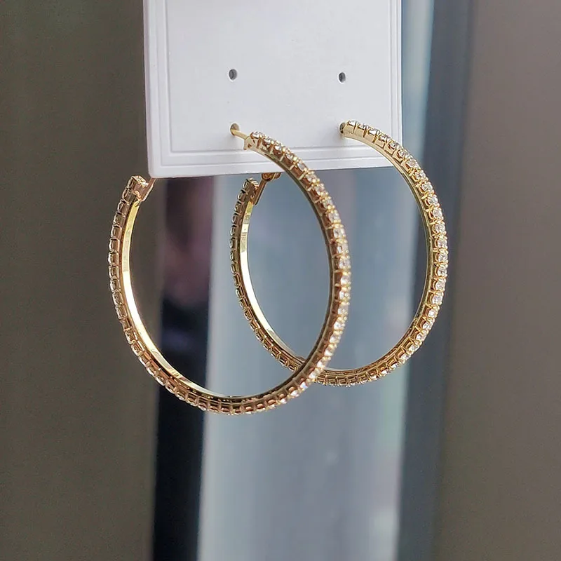 Metal 18k Gold Color Crystal Hoop Earrings For Women Girls Circle Full Rhinestone Exaggerated Round Earings Party Jewelry Gift