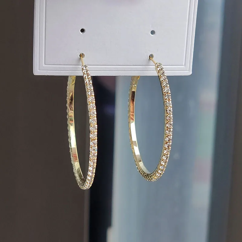 Metal 18k Gold Color Crystal Hoop Earrings For Women Girls Circle Full Rhinestone Exaggerated Round Earings Party Jewelry Gift