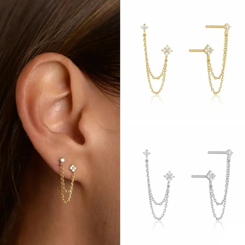 New Trendy Gold Color Two Pierced Earrings Sparkling Zircon Chain Drop Stud Earring for Women Temperament Daily Accessories Gift