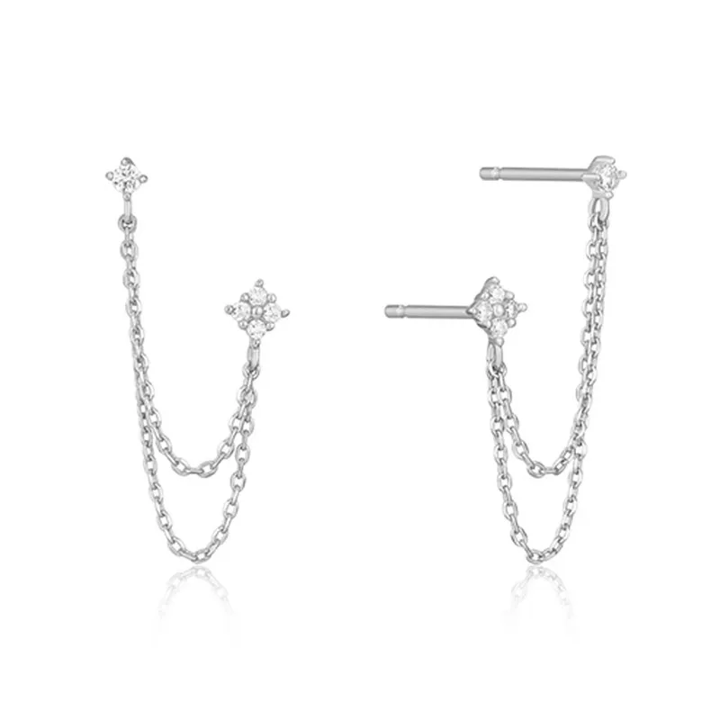 New Trendy Gold Color Two Pierced Earrings Sparkling Zircon Chain Drop Stud Earring for Women Temperament Daily Accessories Gift