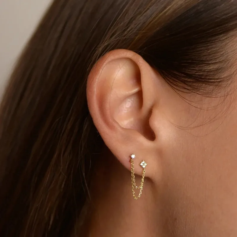 New Trendy Gold Color Two Pierced Earrings Sparkling Zircon Chain Drop Stud Earring for Women Temperament Daily Accessories Gift
