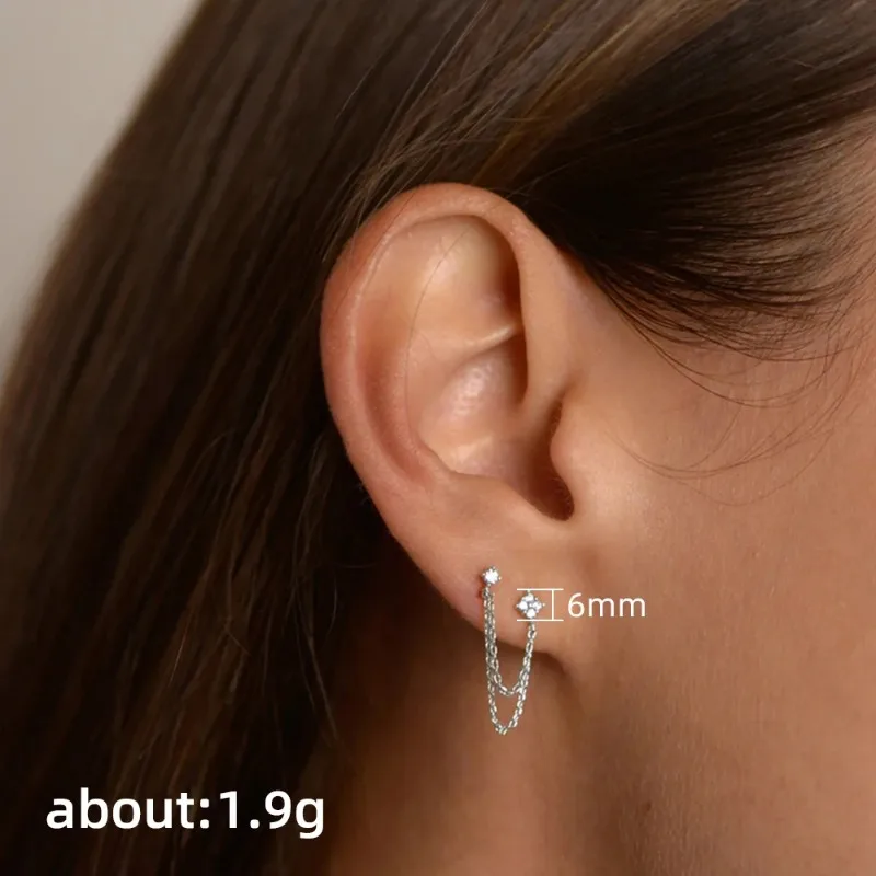 New Trendy Gold Color Two Pierced Earrings Sparkling Zircon Chain Drop Stud Earring for Women Temperament Daily Accessories Gift