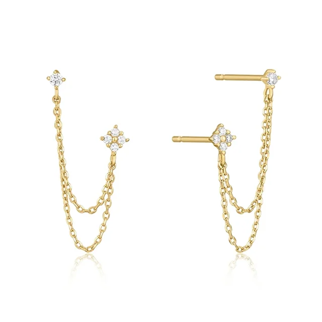 New Trendy Gold Color Two Pierced Earrings Sparkling Zircon Chain Drop Stud Earring for Women Temperament Daily Accessories Gift