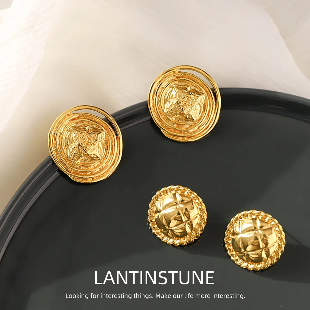 Vintage Gold Color Round Buttons Shaped Stud Earrings For Women Personality Simple Design Metal Young Girls Party Jewelry N545
