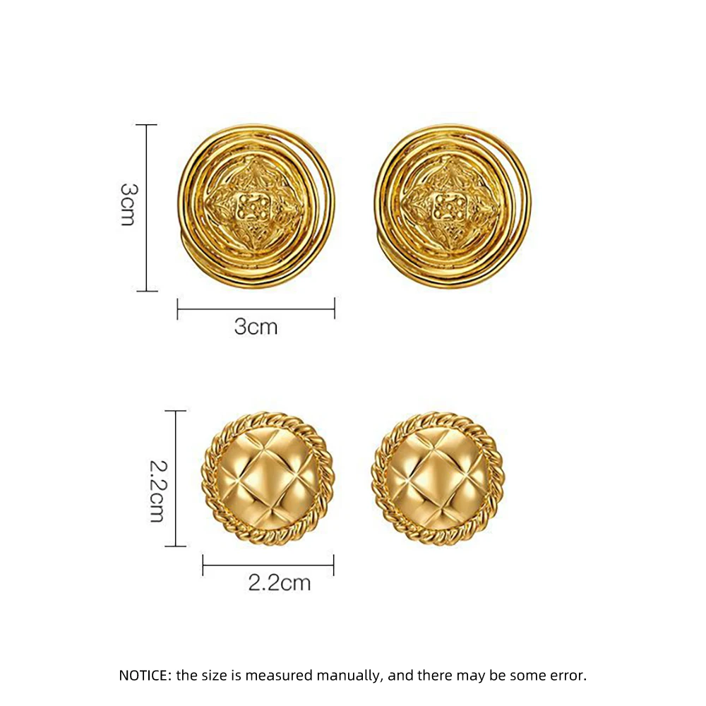 Vintage Gold Color Round Buttons Shaped Stud Earrings For Women Personality Simple Design Metal Young Girls Party Jewelry N545