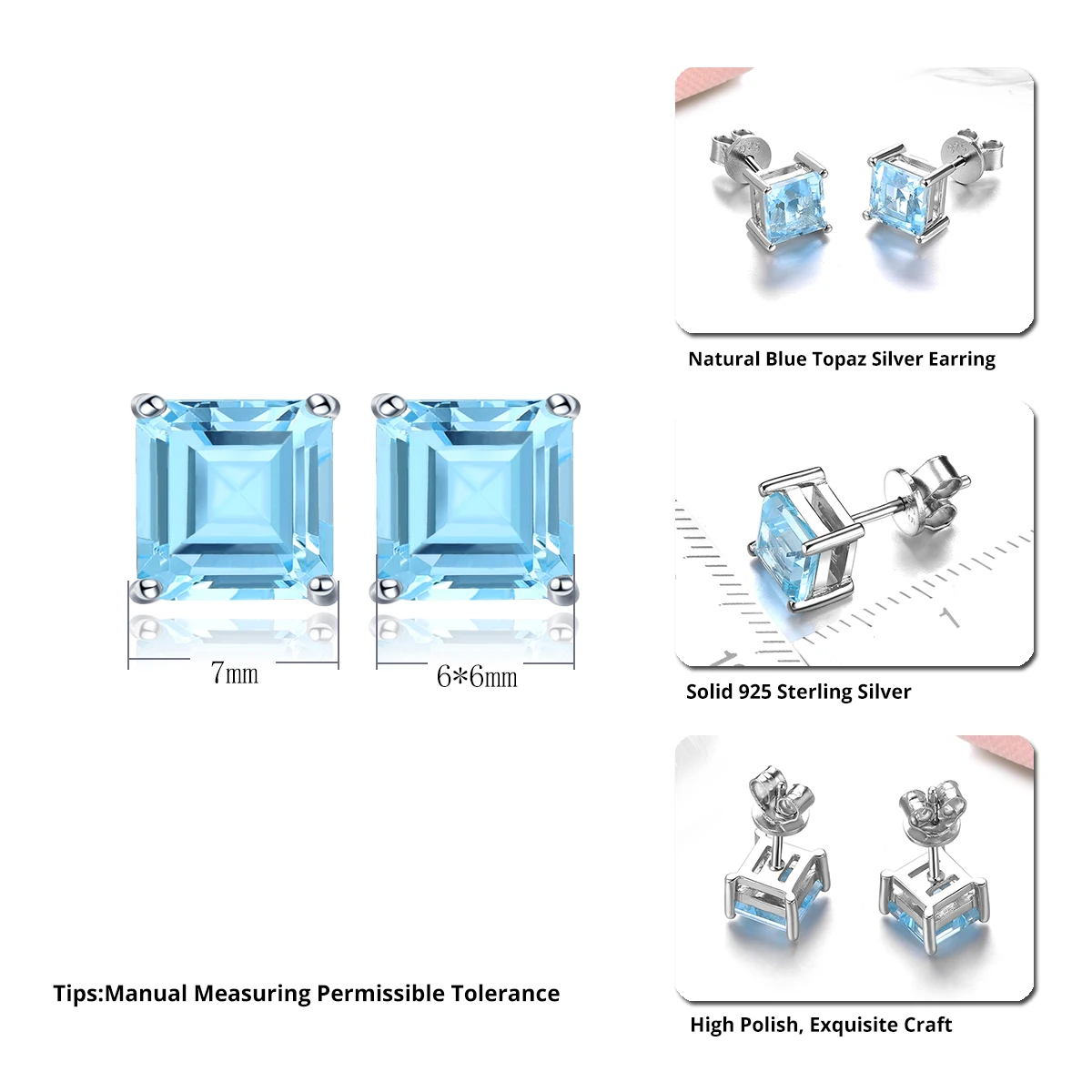Natural Sky Blue Topaz Sterling Silver Stud Earring 2.8 Carats Genuine Topaz Daily Fine Jewelry Style S925 Gifts for Women