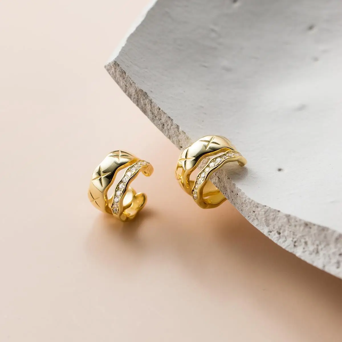 100% 925 Sterling Silver Zircon Geometric Earrings for Women Girl Texture Double Layered Design Jewelry Party Gift Dropshipping