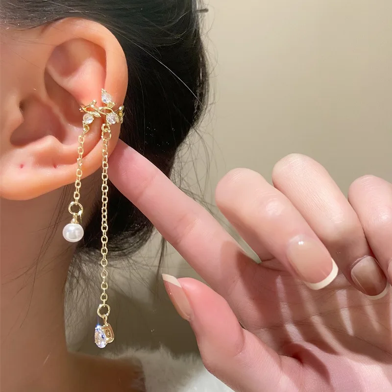 New Style Trendy Simple Zircon Ear Clip Korean Woman Fashion Temperament Silver Color Long Pendant Geometry Earrings