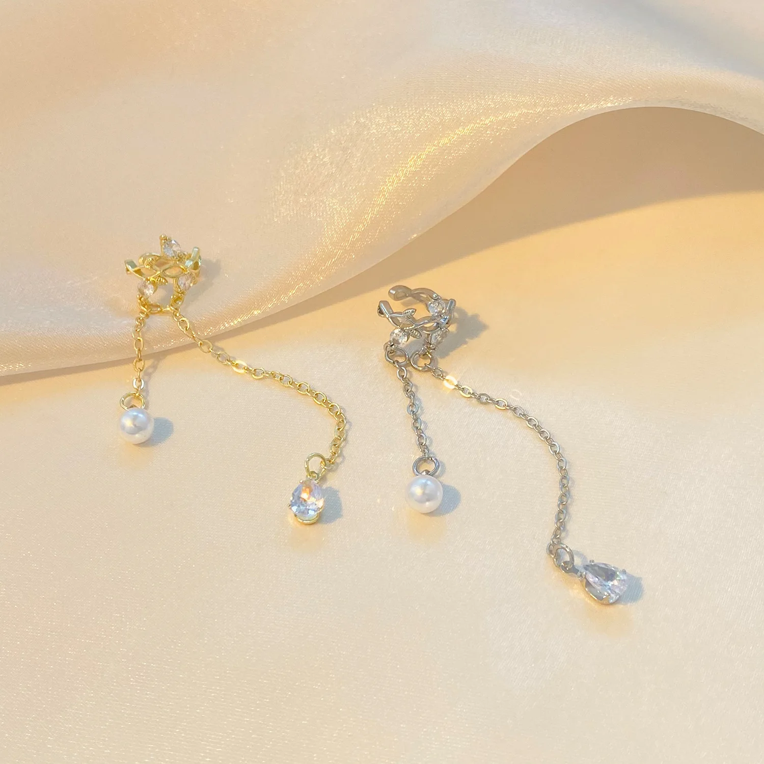 New Style Trendy Simple Zircon Ear Clip Korean Woman Fashion Temperament Silver Color Long Pendant Geometry Earrings