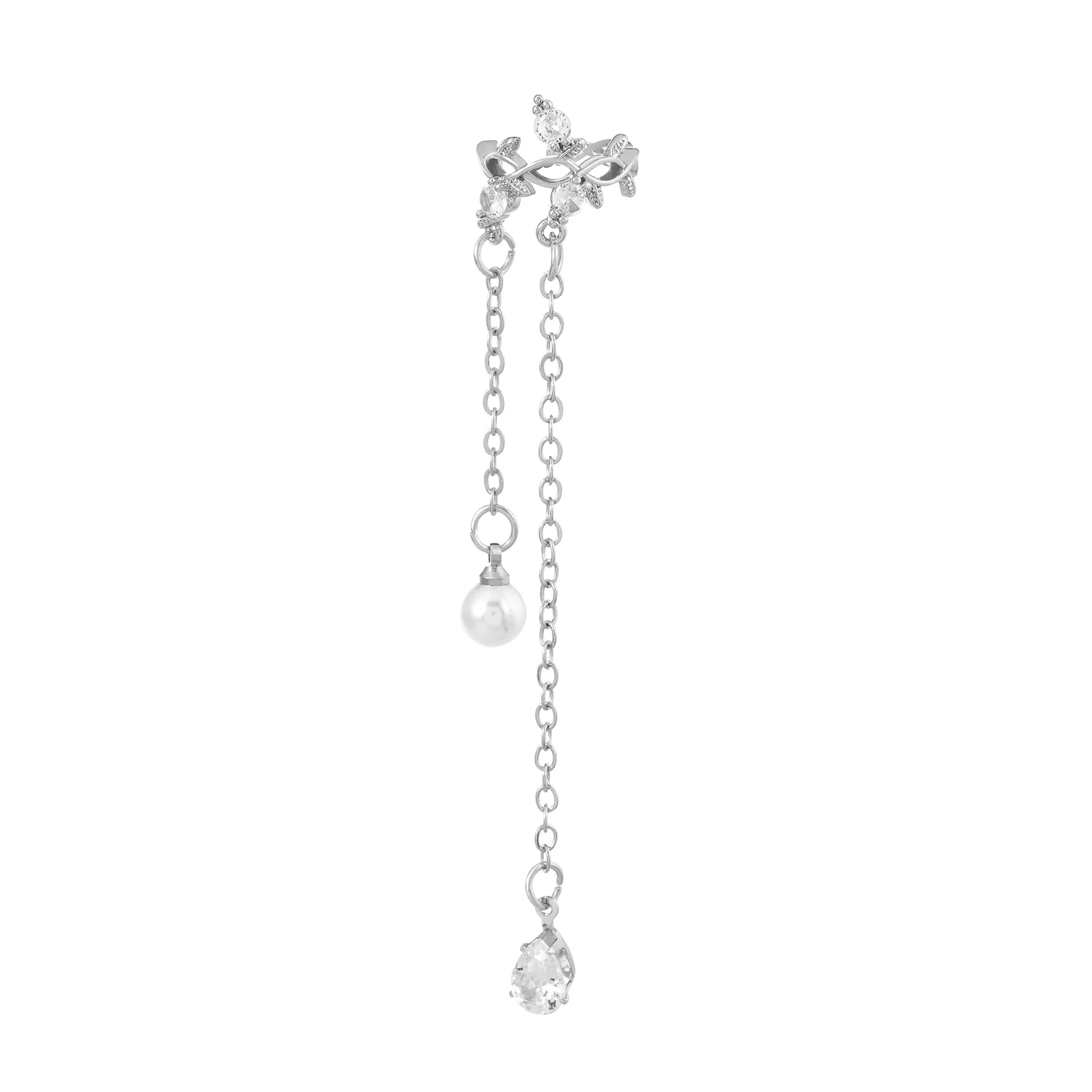 New Style Trendy Simple Zircon Ear Clip Korean Woman Fashion Temperament Silver Color Long Pendant Geometry Earrings