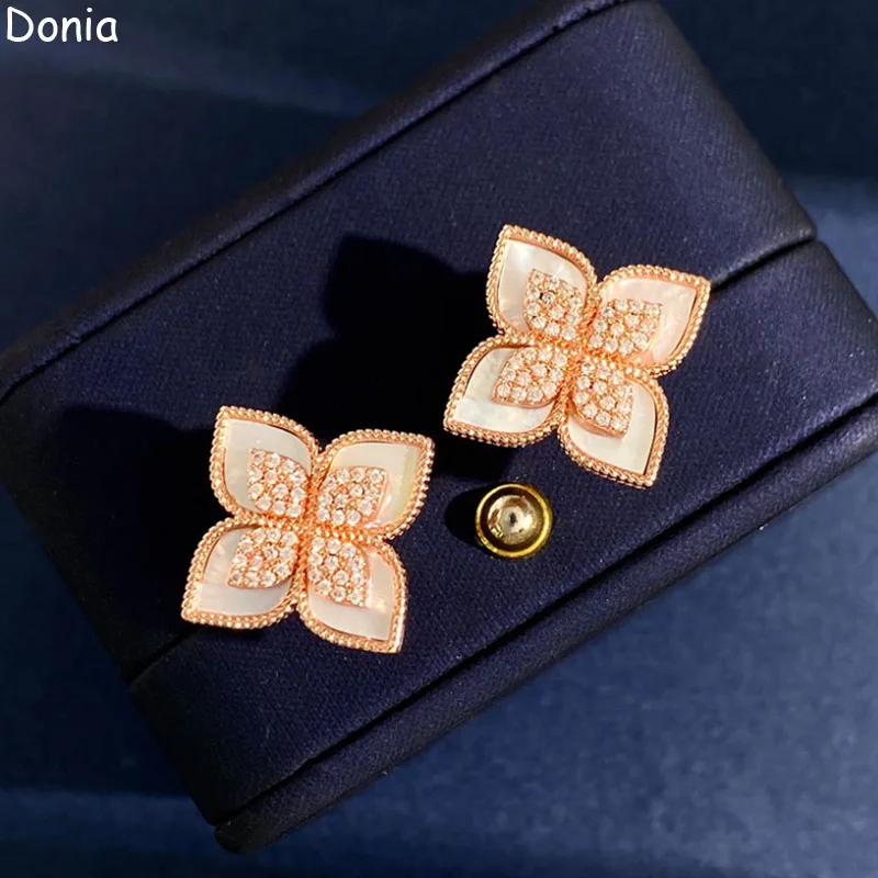 Donia Jewelry European and American Fashion Flower Titanium Steel Micro Mosaic AAA Zircon Shell Silver Pin Luxury Earrings
