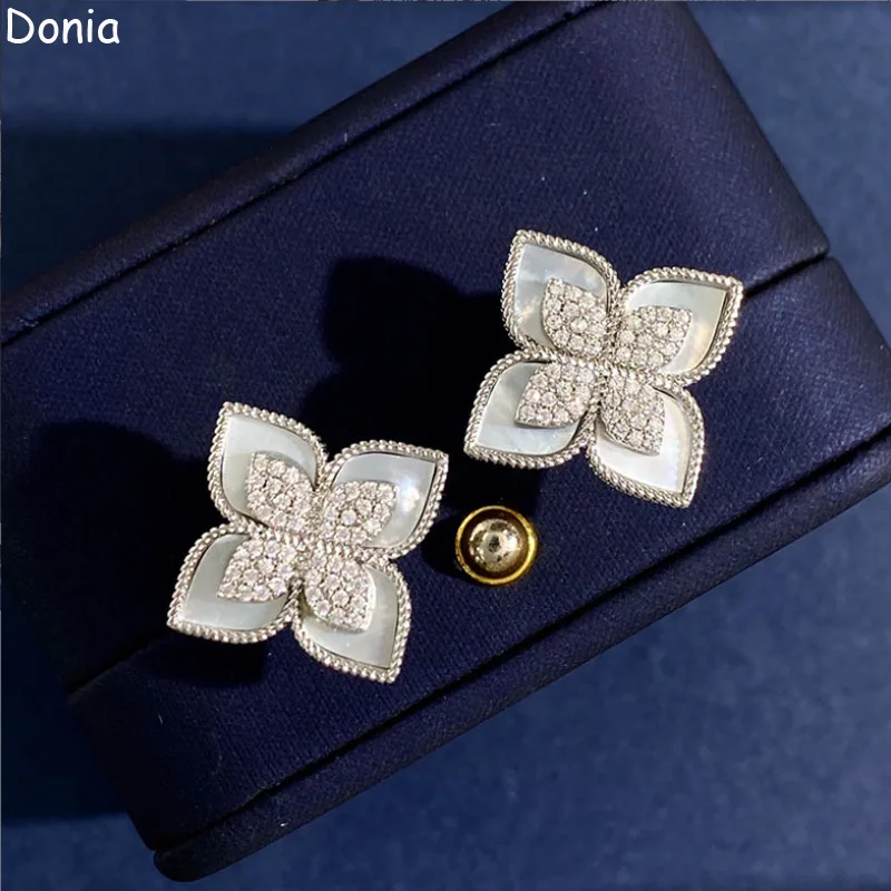 Donia Jewelry European and American Fashion Flower Titanium Steel Micro Mosaic AAA Zircon Shell Silver Pin Luxury Earrings