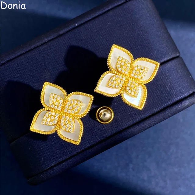 Donia Jewelry European and American Fashion Flower Titanium Steel Micro Mosaic AAA Zircon Shell Silver Pin Luxury Earrings