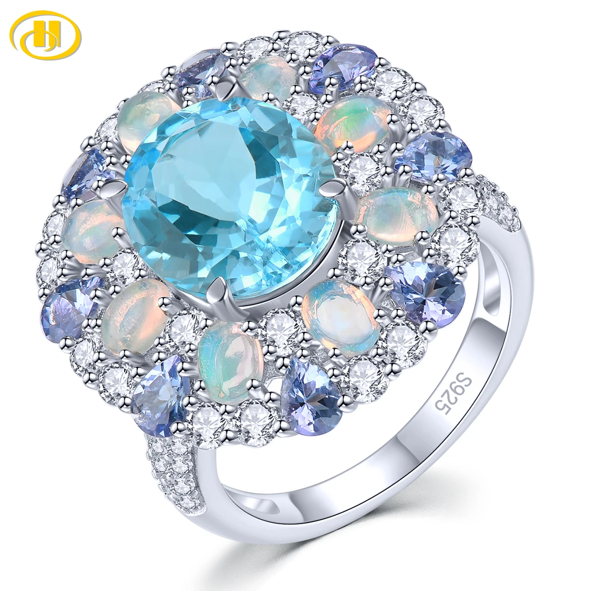 Natural Blue Topoz Sterling Silver Rings 8 Carats Genuine Tananite Opal Multicolor Original Fine Jewelrys Design Luxury Style
