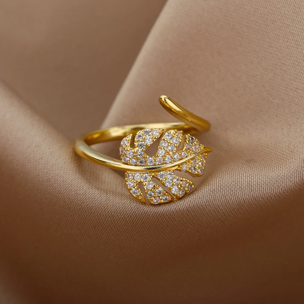Fashion Palm Leaf Shape Rings For Women Stainless Steel Color Zircon Adjustable Finger Ring Party Jewelry Gift Bijoux Femme