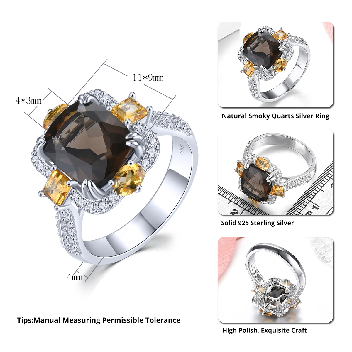 Natural Smoky Quarts Sterling Silver Rings 4.8 Carats Genuine Citrine Multicolor Gemstone S925 Fine Jewelry Women Favorite Gifts