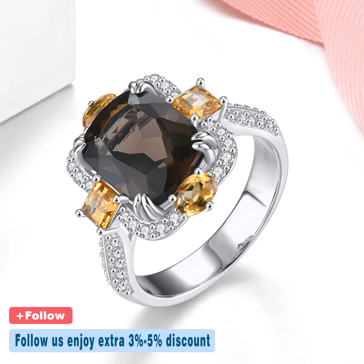 Natural Smoky Quarts Sterling Silver Rings 4.8 Carats Genuine Citrine Multicolor Gemstone S925 Fine Jewelry Women Favorite Gifts