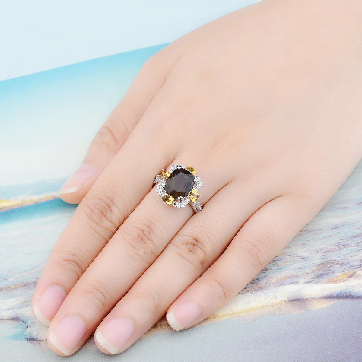 Natural Smoky Quarts Sterling Silver Rings 4.8 Carats Genuine Citrine Multicolor Gemstone S925 Fine Jewelry Women Favorite Gifts