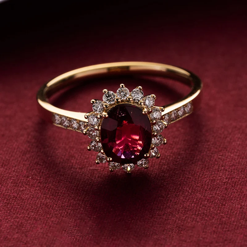 Gold Ruby Colour Ring Garnet Red Retro 100% S925 Sterling Silver Plated 18K Elegant Queen's Ring for Women Party Engagement