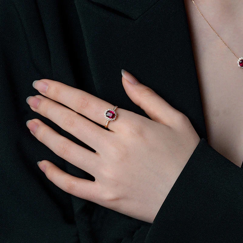 Gold Ruby Colour Ring Garnet Red Retro 100% S925 Sterling Silver Plated 18K Elegant Queen's Ring for Women Party Engagement