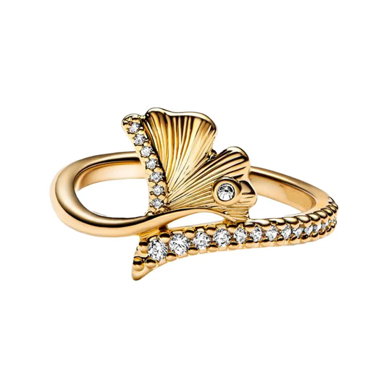 Gingko Leaf Wavy Stack Finger Rings For Women Wedding Bands Shine Gold Jewelry Brezel Pave Setting Clear Zircons Love Hope Peace